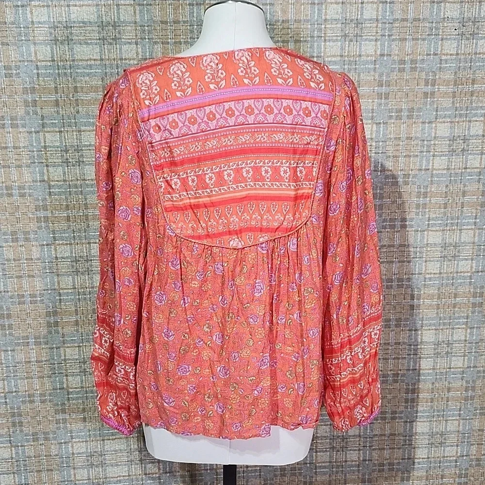 Lucky Brand Boho Peasant Top Orange Floral Embroidered Lace-Up Tassel Blouse